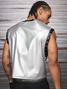 AXEPEAK 时尚街头风圆领无袖上衣，正面印花拼接，男士款，2000年代风格 - 銀色 - 查看 2