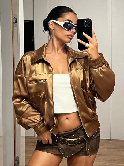 SHEIN ICON Women's Fashion 3D Cargo Pocket Casual Jacket Autumn Winter Clothes For Women