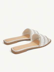 CUCCOO CHICEST Women's Sparkling Crystal Woven Square Toe Flat Sandals, Elegant & Comfortable, White/Silver/Metallic, Suitable For Spring/Summer, Casual, Afternoon Tea, Date, Holiday, Beach, Halloween - White - View 11