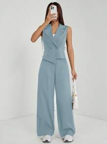 SHEIN PETITE 两件套秋季服装 2 件套女士纯色无袖上衣和裤子秋季衣服 - 霧霾藍 - 查看 3