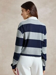 Briarwyn 女士休闲学院风撞色条纹上衣，秋季女装，返校季，复古风女式 POLO T 恤 - 灰色 - 查看 7