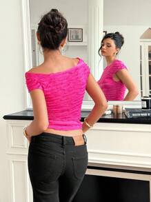 Roylia Summer Casual Solid Color Textured Slim Fit Cropped T-Shirt Powdered Rose - Hot Pink - View 2