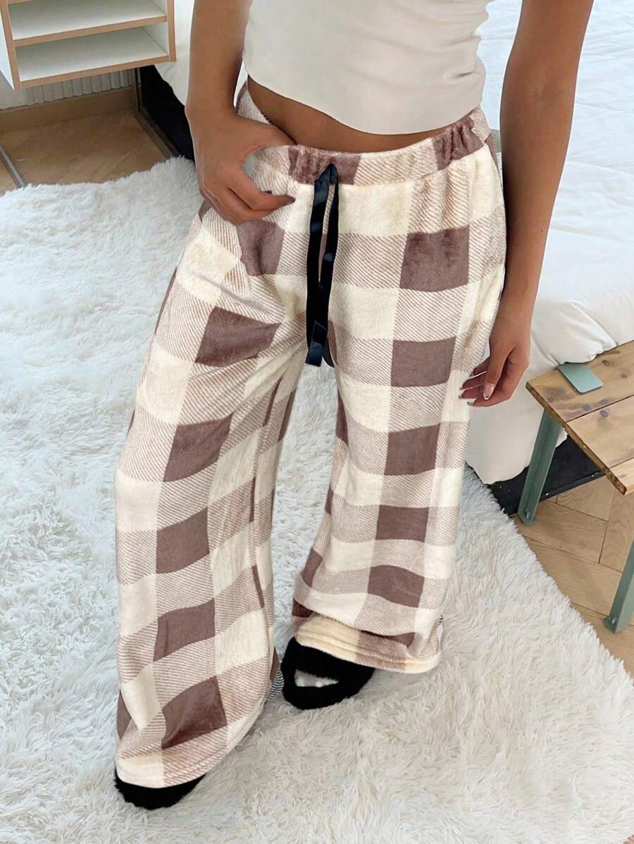 SHEIN EZwear Women's Tie-Waist Fluffy Plaid Print Casual Wide Leg Baggy Pants,Fall - Brown - View 1