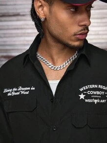 AXEPEAK 男士休闲多口袋印花短袖衬衫，夏季