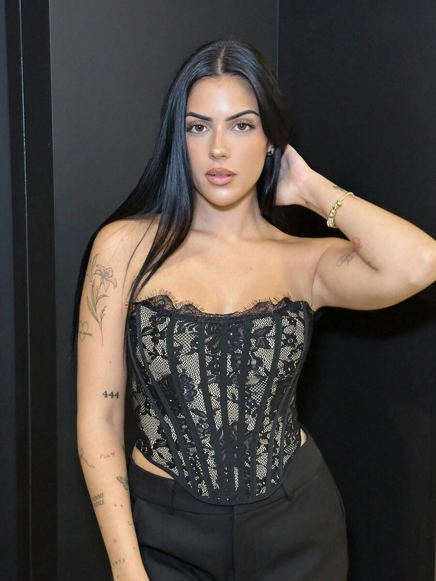 Lucia Bellido 夏季海滩度假纯色胸罩上衣蕾丝上衣，适合日常约会、夜间外出、夜总会、派对、聚会、鸡尾酒会、泳池派对、返校季服装、学校季服装、假日服装、办公服装通勤服装紧身胸衣上衣 - 黑色 - 查看 1