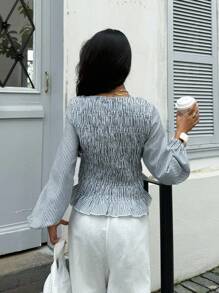 Siren Gaze 商务休闲女教师款返校季秋季女装竖条纹荷叶边长袖时尚圆领衬衫，女士秋季上衣，冬季黑色休闲春季款 - 黑色 - 查看 2