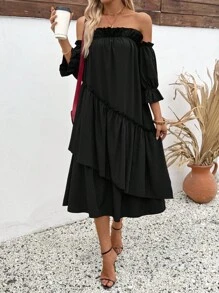 SHEIN LUNE Black Off Shoulder Elastic Ruffle Hem Casual Dress For Women - Black - View 4