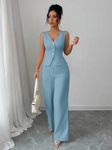 Elenzga Bộ quần áo blazer không tay thanh lịch cho nữ, trang phục công sở/đi làm, mùa hè - Màu xanh bụi bặm - Xem 3