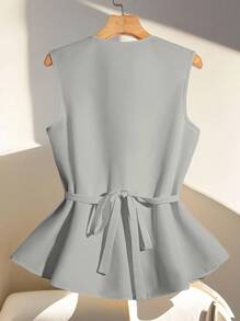 Franclia 休闲简约通勤商务百搭束腰无袖女式上衣，适合大学校园穿着 - 淺灰色 - 查看 2