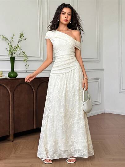 EastFlair 女士优雅纯色纹理不对称领连衣裙，夏季