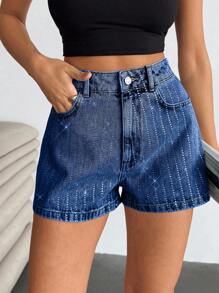 EURMUSE Women's Fashion Blue High Waist Rhinestone Mini Shorts, Summer - Medium Wash - View 3