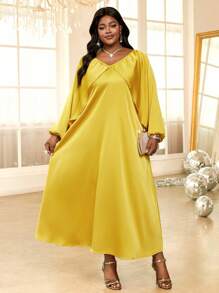 Fleurora فستان نسائي فضفاض وأنيق للعطلات والمناسبات والحفلات والمكتب والأعياد والأعراس، بأكمام بيشوب مطوية من القماش الأطلسي الزنجبيلي - الذهبي - مشاهدة 4