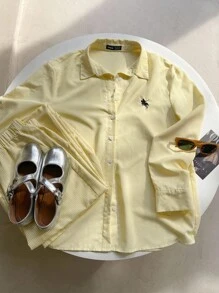 Comfortcana Women's Butter Yellow 2pcs Set Striped Embroidery  Casual Loose Shirt And Wide Leg Pants - Yellow - View 5