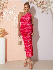 Loomaby Pregnant Women's Tie-Dye Print One-Shoulder Sleeveless Ruffle Bodycon Dress,Gender Reveal Dress,Baby Shower Dress,Maternity Dress