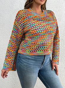 SHEIN PETITE CURVE 大码女式镂空落肩长袖宽松彩色套头毛衣针织衫秋冬款 - 彩色 - 查看 7