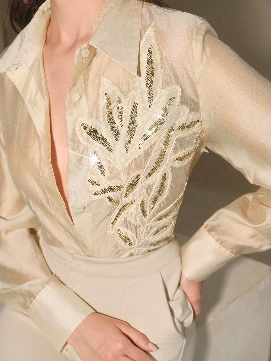 Anewsta Women's Elegant Embroidered Sheer Long Sleeve Blouse - Khaki - View 1