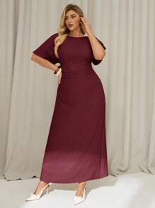 Auralis 女士大码夏季纯色亚麻连衣裙，短袖长裙，夏季女士连衣裙，女士夏季度假连衣裙，女士休闲连衣裙，女士端庄连衣裙 - 酒紅色 - 查看 6