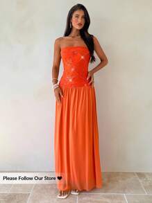 Aloruh Vestido de verano elegante sin tirantes de parches de lentejuelas naranja - Naranja - Ver 2