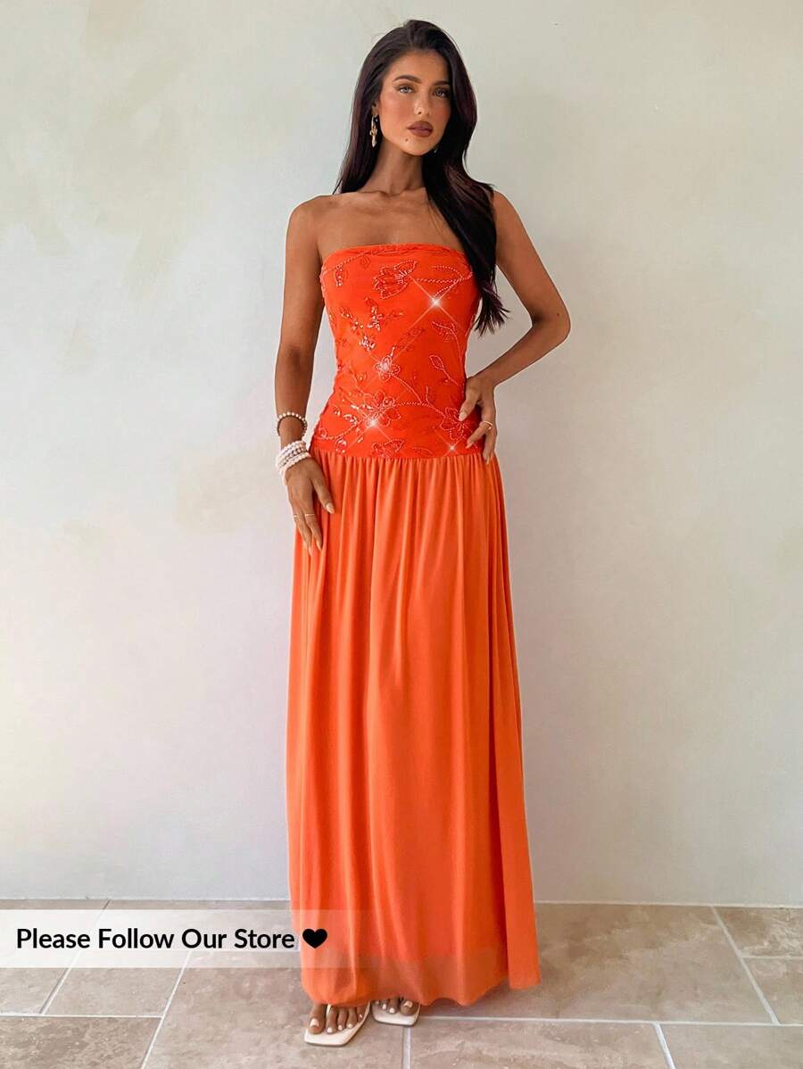Aloruh Vestido de verano elegante sin tirantes de parches de lentejuelas naranja