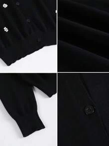 SHEIN Franclia 女式仿珍珠花朵装饰长袖单排扣针织开衫 - 黑色 - 查看 3