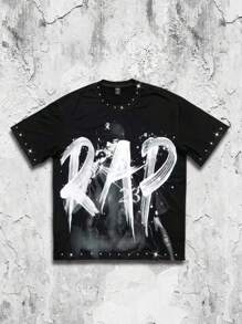 ROMWE MEN Street Life Black Round Neck Short Sleeve Rap Punk Rhinestone Streetwear Style T-Shirt For Men - Black - View 1