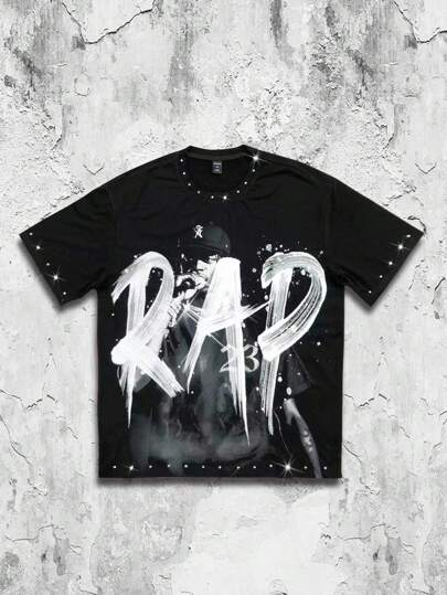 Street Life Black Round Neck Short Sleeve Rap Punk Rhinestone Streetwear Style T-Shirt For Men