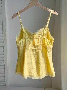 Comfortcana Women Yellow Lace Insert Button Design Summer Camisole Top Vintage