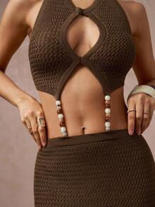 Lumalex Herbst, Feiertagsparty, Old-Money-Outfit, Rave, Festival, Ausflug, Schwimmen, Urlaub, Bohemian, BOHO, heiß, Outdoor, reich geschichtet, Hochzeitssaison, Bankett, Zeremonie zum Erwachsenwerden, Strand, Meer, Perlenbesetztes V-Ausschnitt, kurzes, enges, gerades Maxi-Pulloverkleid für Damen