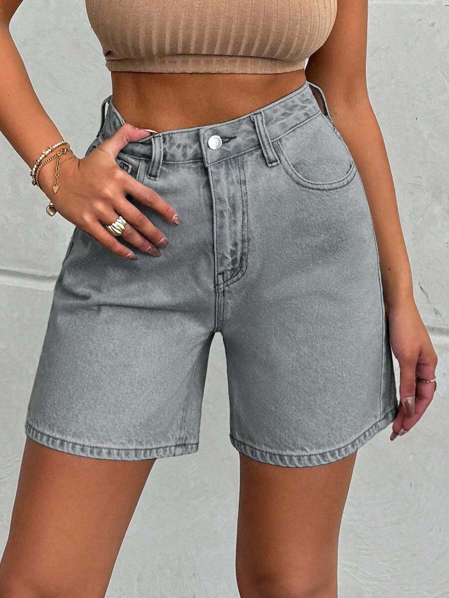 SHEIN Cottnline 100%Cotton LIGHT WASH HIGH WAIST SHORT - Light Grey - View 1