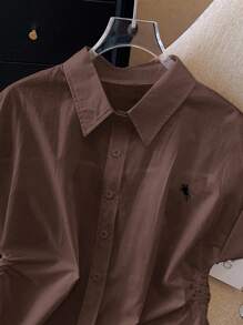 INAWLY Women's Summer Knight Print Bat Sleeve Pleated Casual Shirt - Coffee Brown - View 3