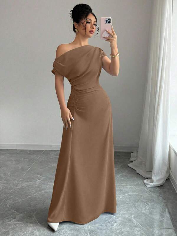 Elenzga Vestido elegante de unicolor con cuello asimétrico y cintura fruncida