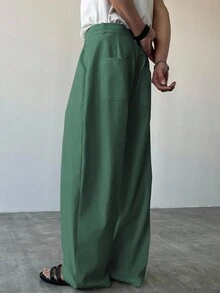 Claim Dot Men's Solid Color Pleated Pocket Wide Leg Loose Casual Pants, Fall - Grass Green - View 4