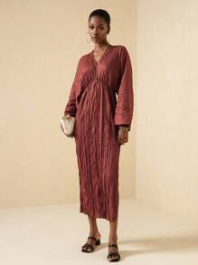 Vesra Solid Color Pleated Deep V-Neck Long Sleeve Elegant Dress For Women