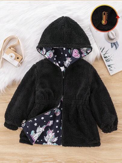 SHEIN Young Girls Winter Hooded Unicorn Digital Print Cinched Waist Thermal Lined Reversible Casual Jacket Girls Unicorn Jacket Girls Winter Jacket Girls Fleece Jacket Cute Jackets For Girls Cartoon Jackets For Girls Fall
