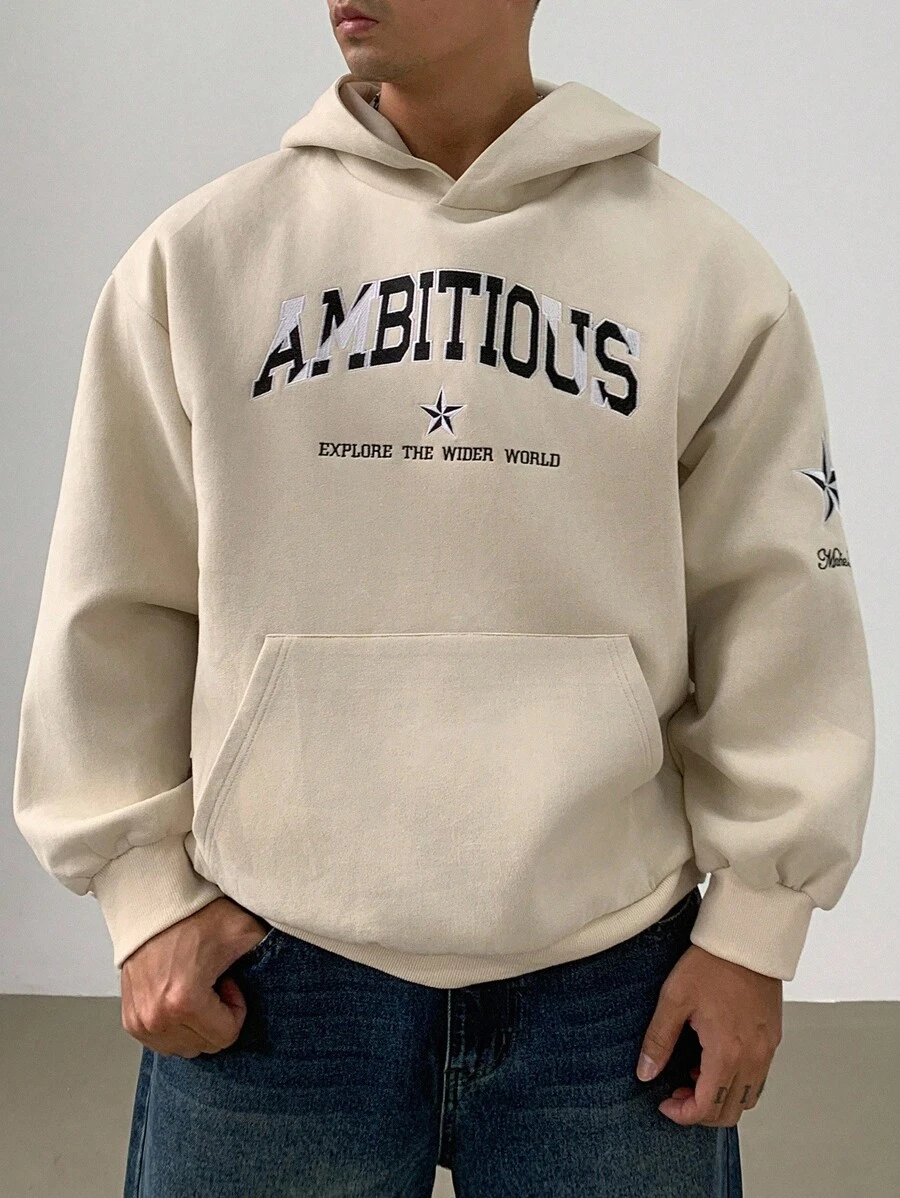 DAZY Men's Letter Print Hoodie, Casual Street Style, Autumn - Beige - View 1