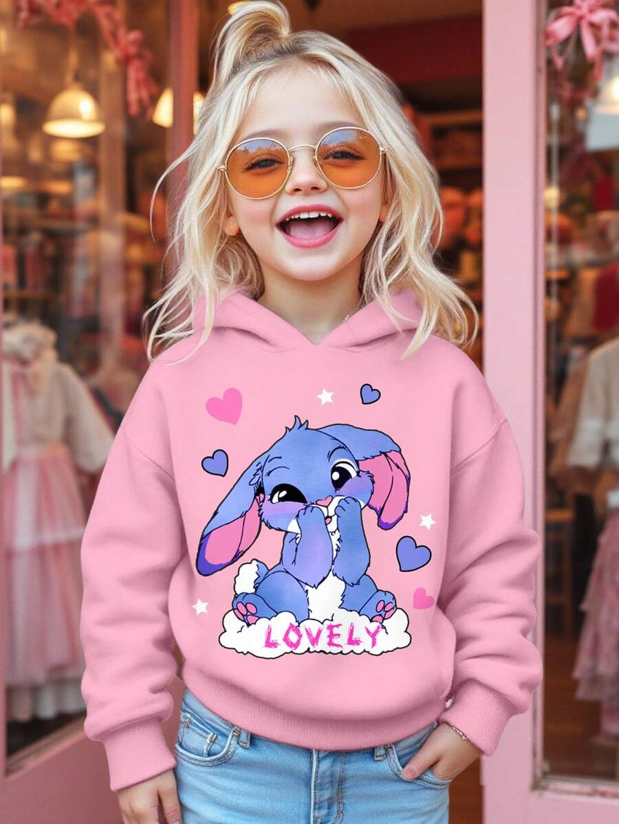 SHEIN 年轻女孩可爱卡通蓝色兔子露露，针脚图案，新鲜奶油粉色，休闲宽松圆领舒适日常针织长袖运动衫，适合秋冬季，轻松舒适，秋季分层，时尚，休闲装，图案，返校，秋季，返校节，适合户外野餐，街头摄影，家居，校园，Chill Chill 可爱连帽衫，适合可爱女孩的粉色连帽衫，适合兔子连帽衫 - 彩色 - 查看 1