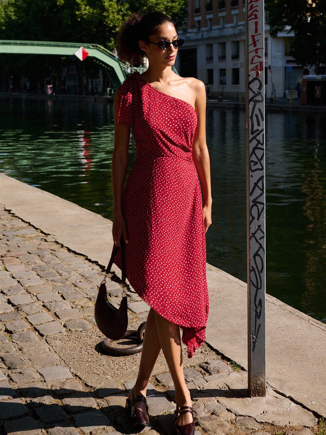 Red One-Shoulder Polka Dot Midi Dress With Tie Detail And Asymmetric Hem Wedding Guest Dress Going Out Dress Date Night Dress Spring Summer  Outfits New Year Dress