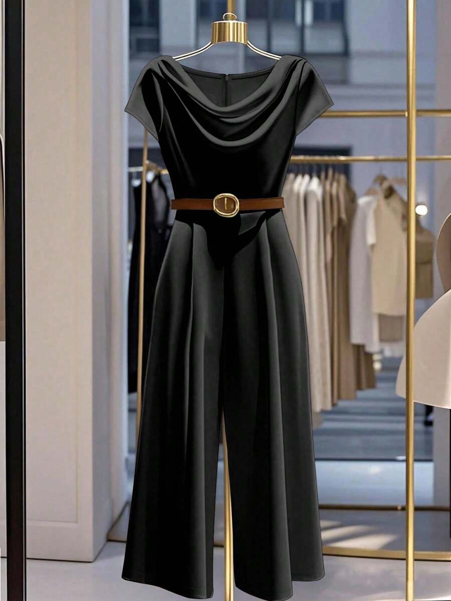 Franclia 女士时尚优雅褶皱连体裤，不含配饰 - 黑色 - 查看 1