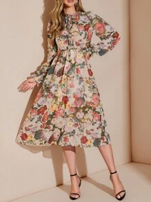 Amorya Váy midi voan họa tiết hoa thanh lịch dành cho nữ, dáng suông, phù hợp mặc hàng ngày, tiệc trà chiều và nhiều dịp khác nhau, mùa thu - Nhiều màu - Xem 8