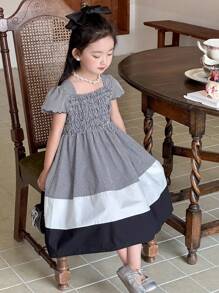 Dazy Kids Girls (Small) Plaid Cap Sleeve Contrast Color Block Mid-Length Summer Dress