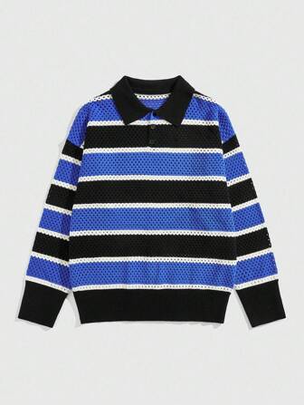 Street Life Suéter de manga larga de corte holgado con cuello polo, estilo casual de calle con patrón de rayas de contraste, estilo varsity para hombres