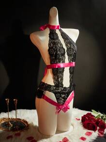 SHEIN Classic Sleeveless Bodystocking With Contrast Lace And Plant Motif Lace Lingerie Set, Kinky Lingerie For Women, Boudoir Lingerie Erotic Lingerie Set With Ribbon, Going Out - Multicolor - View 7