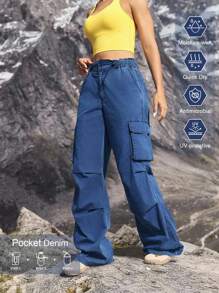Women's Cargo Pocket Pleated Wide Leg Loose Casual Denim Pants Outdoor Pants For Hiking Sun Protection Lightweight Quick Dry - Blue - View 1
