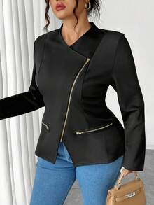 Elenzga 女式加大码复古黑色腰部收紧拉链长袖夹克 - 黑色 - 查看 6
