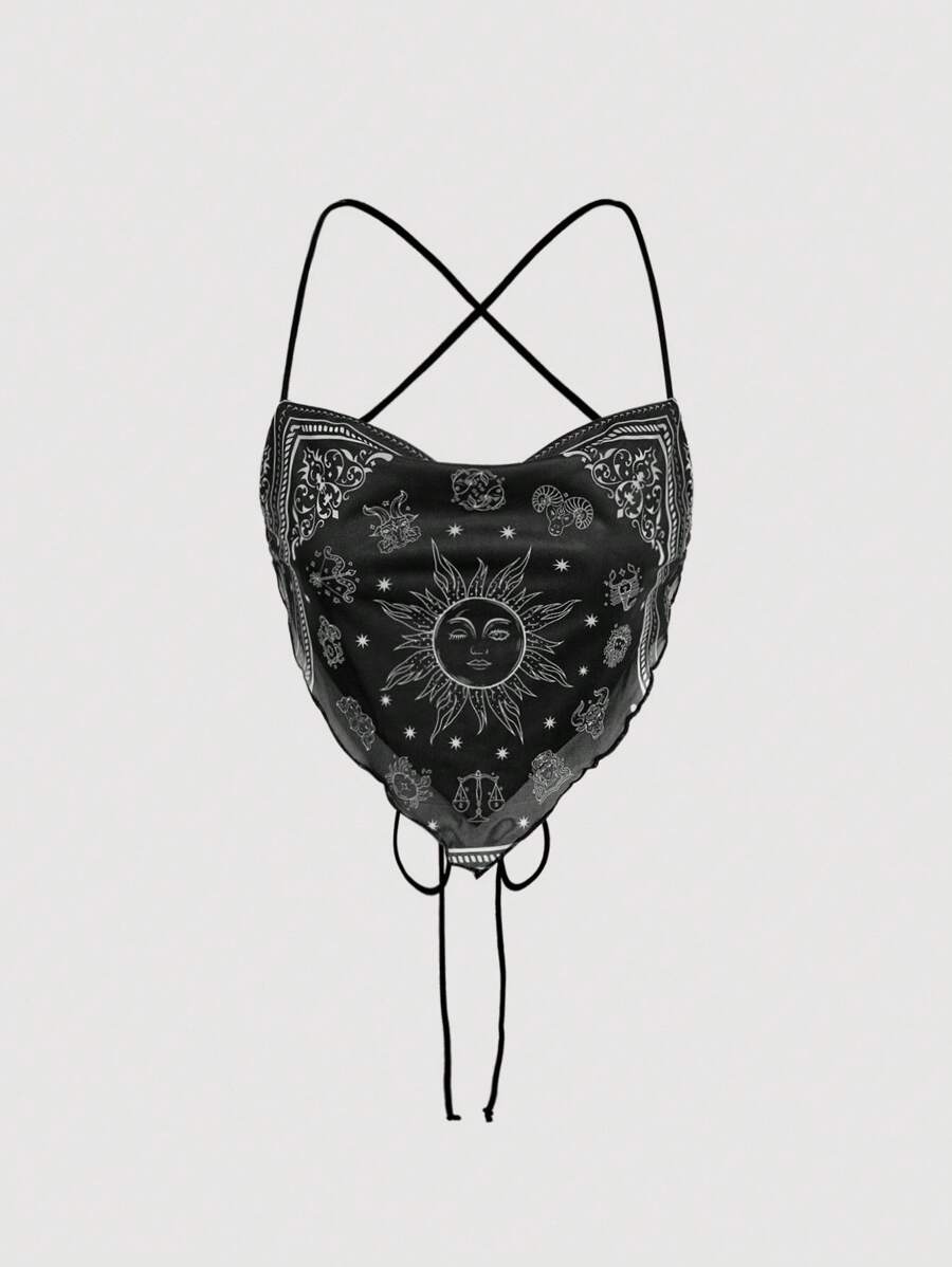 SHEIN MOD 女士细肩带花卉印花网眼露背吊带背心，格桑花 - 黑色 - 查看 1