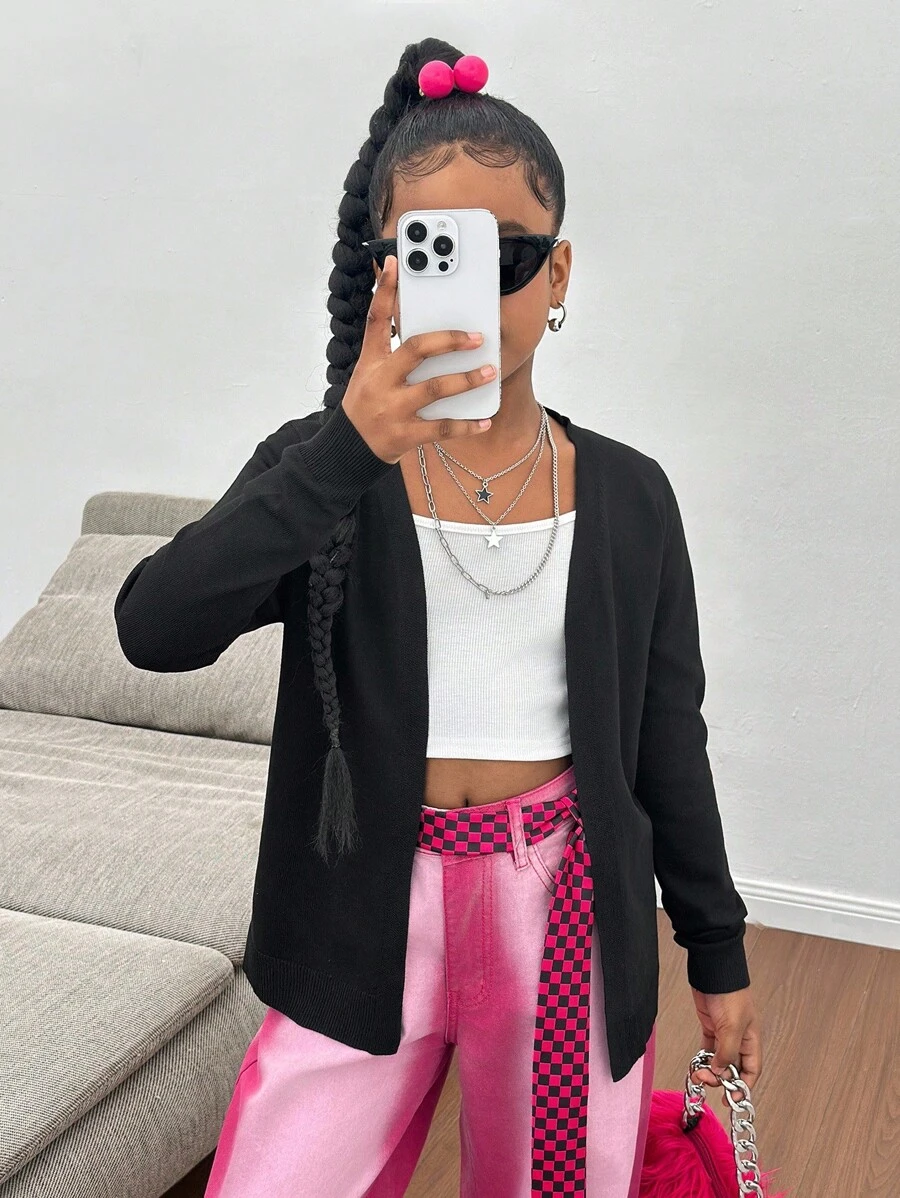 SHEIN Tween Girls Knitted Cardigan, Mid-Length, Casual, Fashionable, Versatile, Suitable For Daily Wear,In Fall/Winter - Black - View 1