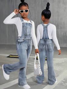 Peto vaquero de pierna acampanada con lavado vintage y tirantes ajustables estilo Y2K para niñas preadolescentes - Azul lavado oscuro - Ver 2