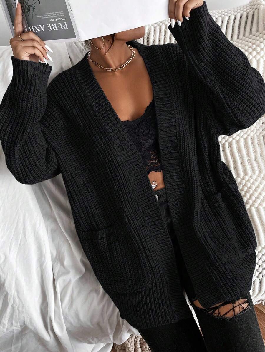 SHEIN PETITE Women's All-Match Minimalist Casual Commute Fashion Versatile Cardigan Sweater - Black - View 1