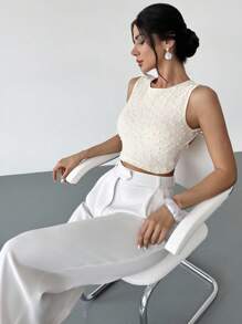 Firerie Áo thun nữ cổ tròn không tay hở lưng màu mơ, chất liệu vải có họa tiết, thích hợp mặc đi nghỉ hè, dự lễ tốt nghiệp, đi học. - Màu be - Xem 3