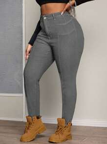 EURMUSE Plus Size Elastic Jeans With Symmetrical Split Design, Skinny Fit - Grey - View 4